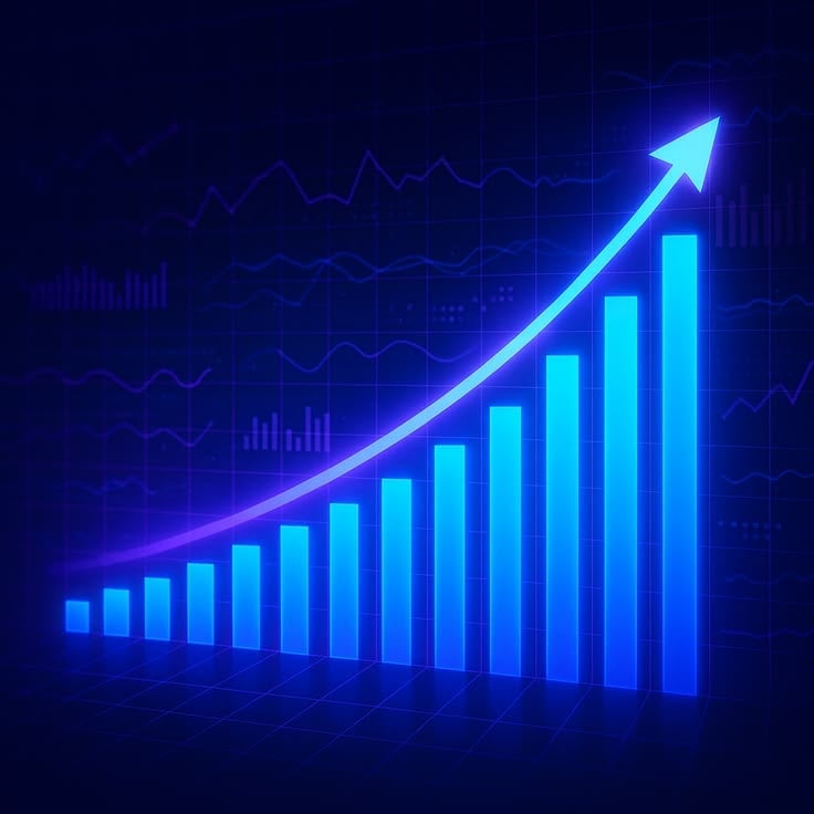 Glowing blue bar chart with upward trending arrow and line graph on dark background representing financial growth